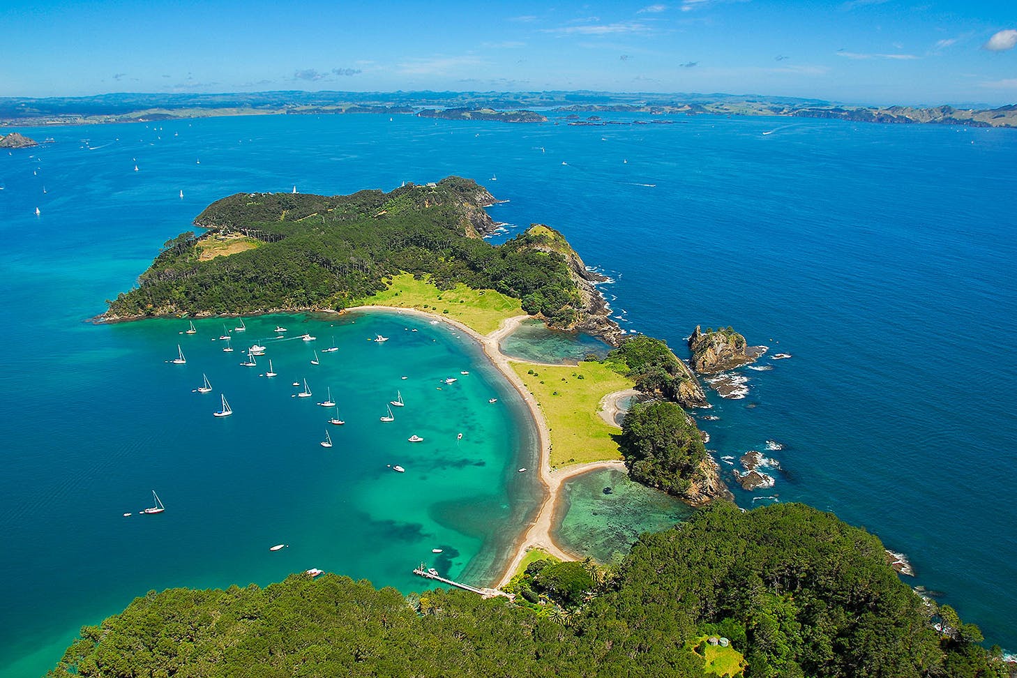 Motuarohia/Roberton Island is seen from above.